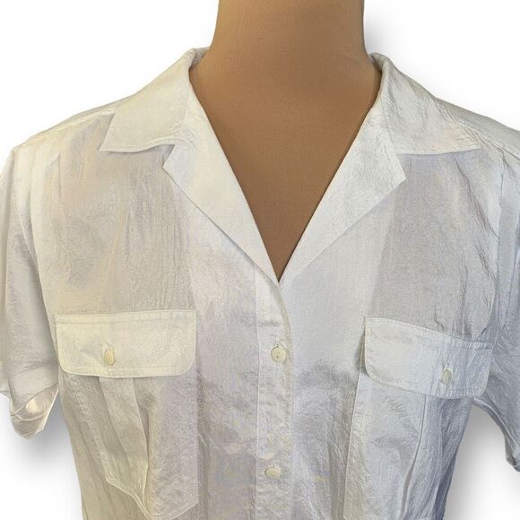 Vintage Elle’s Belles Button Down Shirt Short Sleeve White Sheer Blouse Collared - Picture 3 of 9
